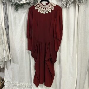Vintage JESSICA McCLINTOCK burgundy midi dresss lace collar button back Women 8